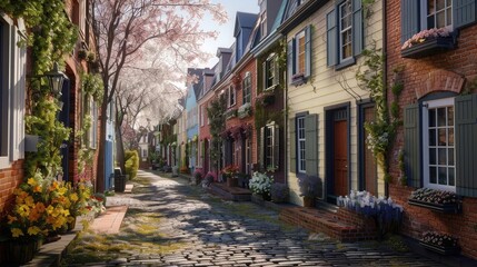 A quaint cobblestone street lined with charming row houses adorned with colorful facades and blooming flower boxes, 