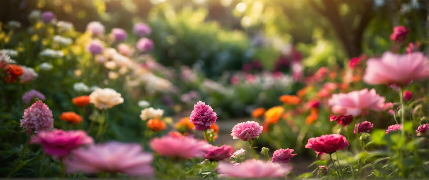 Photo real as Garden Whispers A floral garden where whispers of nature come to life. in nature and landscapes theme ,for advertisement and banner ,Full depth of field, high quality ,include copy space