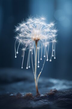 Close-up of a dandelion flower with water drops on its petals against a dark blue background.