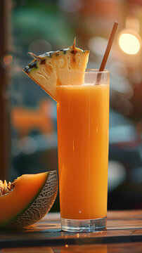 Cantaloupe juice blended with pineapple juice and served with a cantaloupe wedge, delicious food style, blur background, natural look