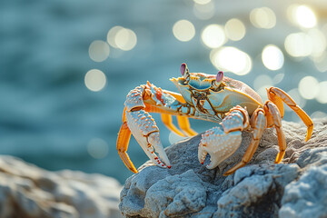 Sea crabs walking on rocks by the sea. - obrazy, fototapety, plakaty