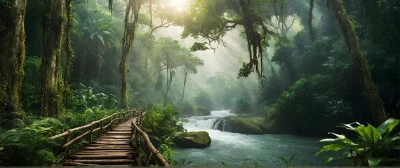 Fotobehang Photo real as Jungle Journey An expedition through the dense jungle teeming with life and mystery. in nature and landscapes theme ,for advertisement and banner ,Full depth of field, high quality ,incl © Gohgah