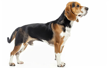 The profile stance of a Beagliere dog against a white background, its sleek coat and structured form displaying the breed's elegant physique.