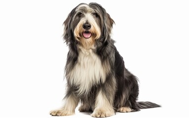 A Bearded Collie sits against a white background, displaying its black and grey coat with a look of anticipation and well-mannered poise.