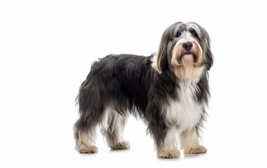A full-face view of a Bearded Collie, standing and looking forward with a panting smile, showcasing its friendly demeanor on a white backdrop.