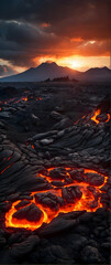 Photo real as Lava Legacy Volcanic terrain offering a glimpse into Earth fiery heart. in nature and landscapes theme ,for advertisement and banner ,Full depth of field, high quality ,include copy spac