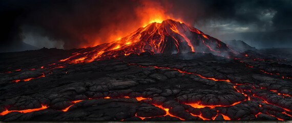 Photo real as Lava Legacy Volcanic terrain offering a glimpse into Earth fiery heart. in nature and landscapes theme ,for advertisement and banner ,Full depth of field, high quality ,include copy spac - obrazy, fototapety, plakaty