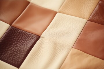 Abstract geometric minimal patchwork pattern in beige and brown colors, made of genuine leather, close-up photography - obrazy, fototapety, plakaty