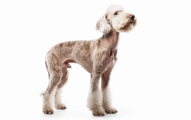 A Bedlington Terrier gazes ahead with attentive eyes, its distinctive fur texture and color making a striking image against the seamless background.