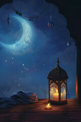 Vertical vector Background for Ramadan Kareem with lantern, crescent moon
 - obrazy, fototapety, plakaty