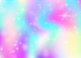 Holographic background with rainbow mesh. Liquid universe banner in princess colors. Fantasy gradient backdrop with hologram. Holographic unicorn background with fairy sparkles, stars and blurs.