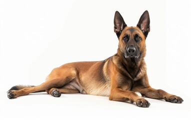 Serene and alert, this Malinois lies down with its gaze fixed forward, highlighted by a pure white backdrop.