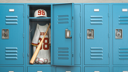 Fototapeta premium Baseball ball and bat in a school locker room. Baseball sport equipment and training concept.