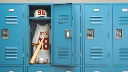 Tuinposter Baseball ball and bat in a school locker room.  Baseball sport equipment and training concept. © Maksym Yemelyanov