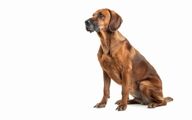 This serene Bavarian Mountain Hound sits gracefully, its composed demeanor and muscular build highlighted against the white background.