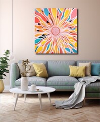 Psychedelic flower painting in bright colors with a retro 70s vibe, perfect for a boho home or eclectic maximalist interior.