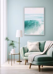 Minimalist living room interior with a green sofa, a white lamp, and a painting of a wave in the background in muted colors.