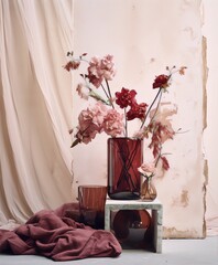 Dried pink and red flowers in various glass vases on concrete podium with pink fabric