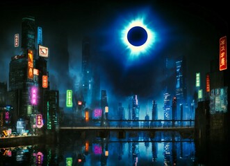 Futuristic cityscape with solar eclipse, neon-lit skyline