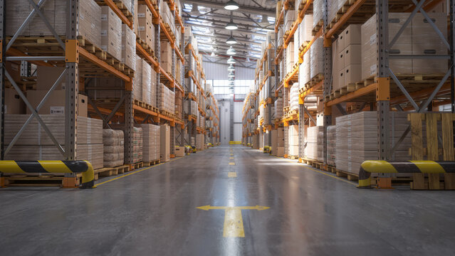 Retail warehouse full of shelves with cardboard boxes and packages. Logistics, storage, and delivery industrial background.