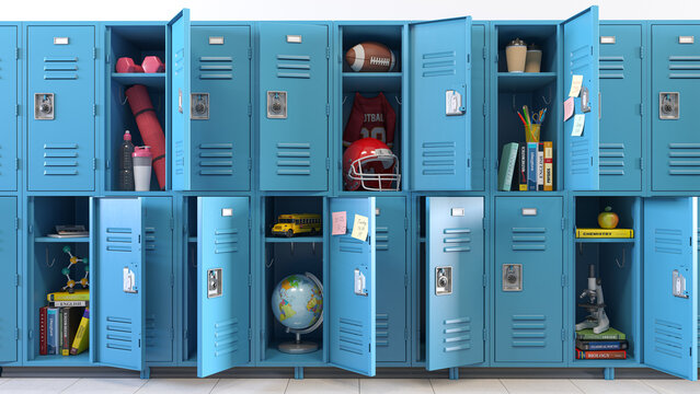 Student lockers at school. School lockers with open doors and student equipment, items and accessories for education and sport.