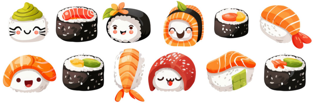 Set of cute sushi, Various kawaii sushi Japanese food cartoon on white background.