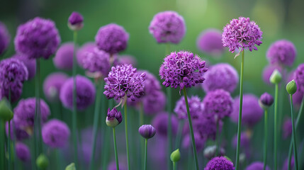 A field of purple alliums with green buds in the background. The flowers have round pinkish petals and long stems - obrazy, fototapety, plakaty