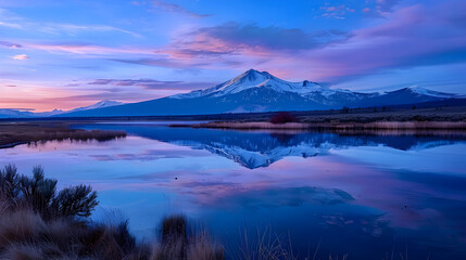 Fototapeta na wymiar Twilight Tranquility: Reflection of Mountain Range at Dusk