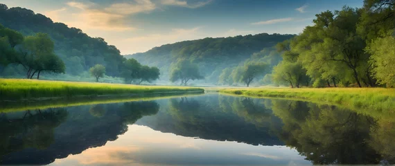 Foto op Plexiglas Photo real as Reflective Serenity Riverbank reflections mirror the beauty of a tranquil landscape. in nature and landscapes theme ,for advertisement and banner ,Full depth of field, high quality ,incl © Gohgah