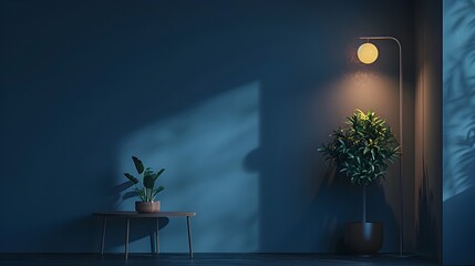 Interior of modern blue room with a lamp and a plant generative ai