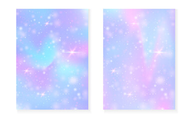 Princess background with kawaii rainbow gradient. Magic unicorn hologram. Holographic fairy set. Spectrum fantasy cover. Princess background with sparkles and stars for cute girl party invitation.