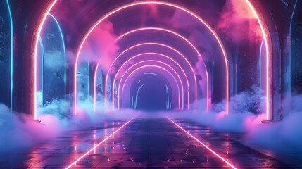 a tunnel with pink lights and smoke