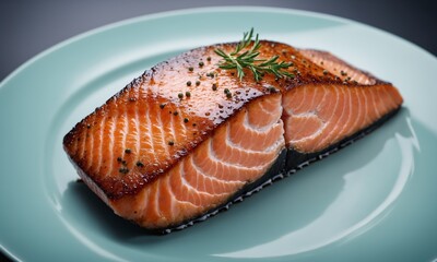 Salmon steak with rice and lemon on a black plate, closeup