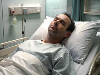 A sick man lies in a hospital room.