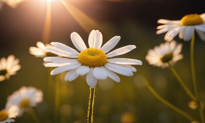 Beautiful daisies on a meadow in the rays of the setting sun
