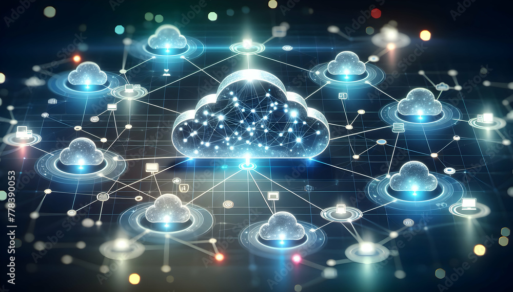 Poster for advertisement and banner as cloud connectivity a sleek cloud icon connects to various digital no