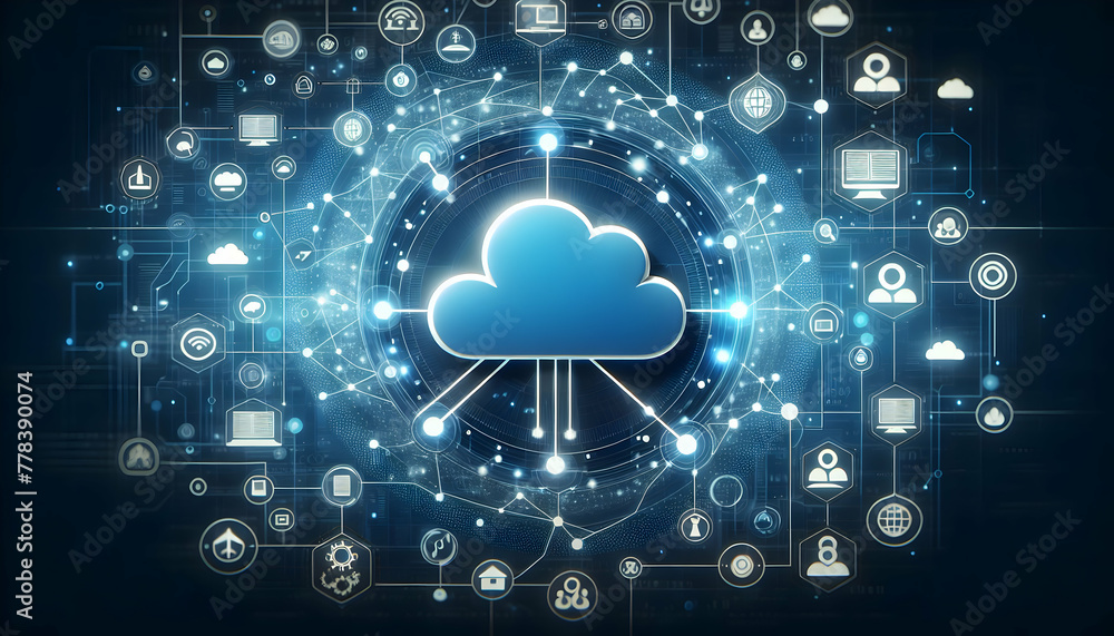 Poster for advertisement and banner as cloud connectivity a sleek cloud icon connects to various digital no