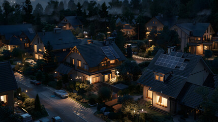 Obraz premium A modern village with several houses, each house has an energy simplistic infographic on the roof showing different types of electricity and water distant view, surrounded by trees