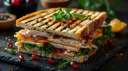 Turkey Club Sandwich on Decorated Table - obrazy, fototapety, plakaty