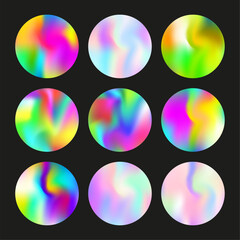 Gradient round set with holographic mesh. Abstract hologram. Iridescent gradient round set. Minimalistic 90s, 80s retro style graphic template for flyer, poster, banner, mobile app.