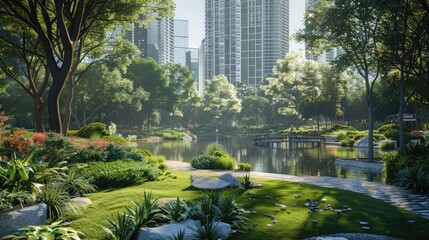 A serene urban park nestled amidst the skyscrapers, with lush green lawns and tranquil ponds providing a peaceful retreat from the urban hustle and bustle, 