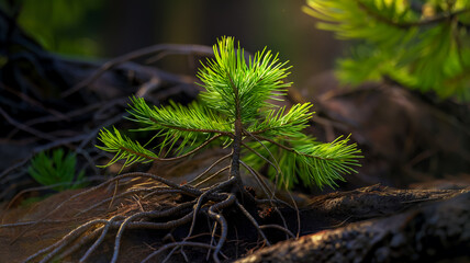 Young cedar at the roots of an old coniferous forest, bright leaves open, welcoming the sun, the spirit of growth and renewal