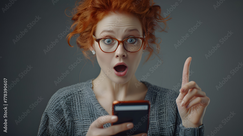 Poster a redheaded woman holds a phone in one hand and points to it with the other. she stands in the backg