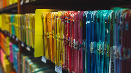 A row of colorful medical records is neatly arranged on the shelf