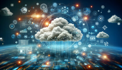 for advertisement and banner as Cloudscape Innovation A cloudscape with digital elements represents innovation in cloud tech. in Digital Cloud Computing background theme ,Full depth of field, high qua