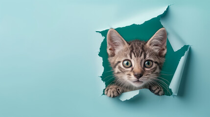 A curious kitten peering through a torn teal paper wall, with its face and front paws emerging from the hole. Copy space.