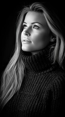 Moody Black and White Aesthetic Grainy Portrait of Sensual Fashionable Young Woman. Retro Vibe Female Model Trendy Photo. 