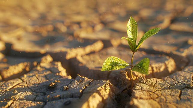 A small green sprout grows in the cracked earth of an arid area