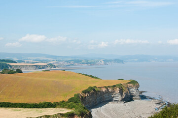 View from Kilve Beach and coast path towards St Audrie's Bay Blue Anchor Bay And Minehead,...