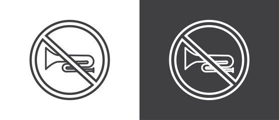 Simple Line Icon of No Trumpet and horn, Vector illustration of  crossed out circular no traffic sign with trumpet icon inside. No horn symbol. No loud sound symbol icon in black and white background.